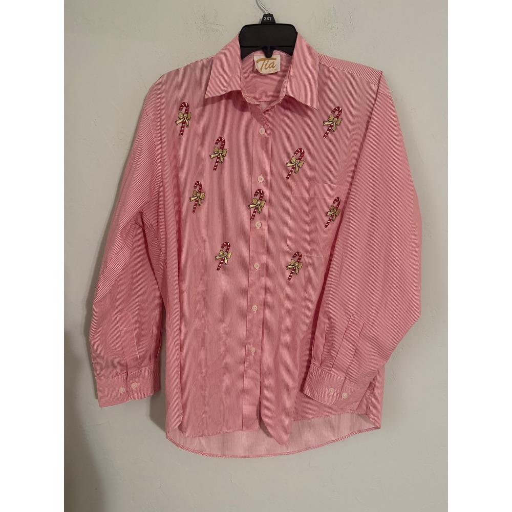 Tia Designs Vintage Red White Pinstripe Candy Cane Embroidered Holiday Shirt 2XT